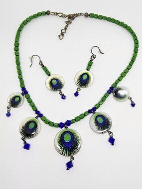 Vintage Peacock Blue Green MOP Handmade One of a Kind Necklace Earrings Set OFAK
